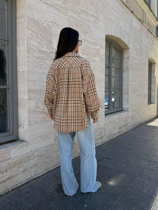 Женская теплая рубашка свободного кроя в клетку турецкая байка Бежевый, 46/48 Одесса - изображение 5
