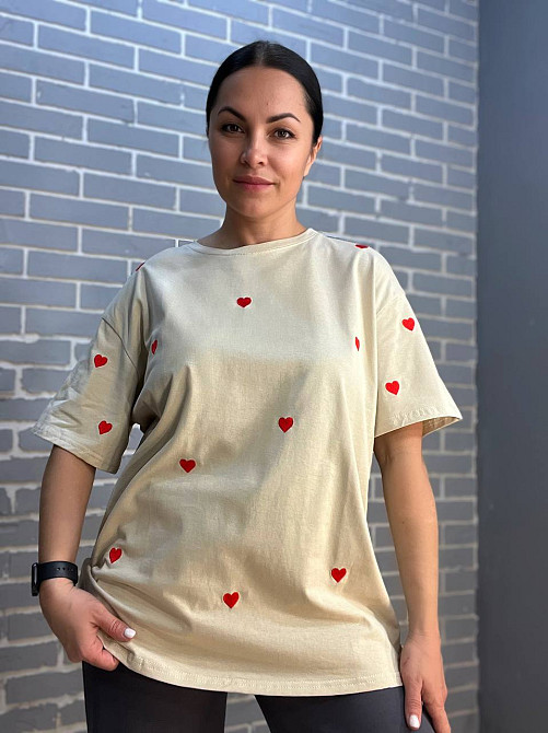 Футболка женская A-N 2632 вышивка сердца оверсайз удлиненная one size, бежевый, one size Киев - изображение 8