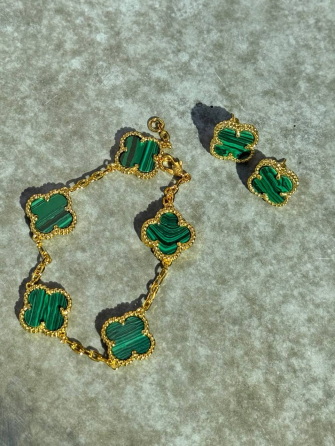 Van Cleef сережки та браслет / набор зелений під малахіт / лимонне золото / проба AU 750, гравіювання Одеса