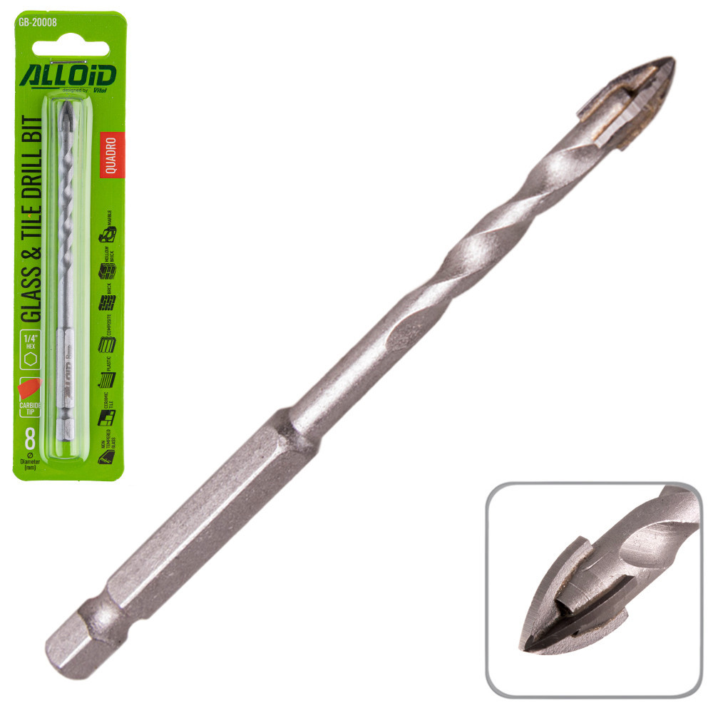 Свердло по скло та кераміці QUADRO 8мм, хвостовик HEX 1/4&quot; Alloid, L= 95mm GB-20008 Вінниця - фото 1