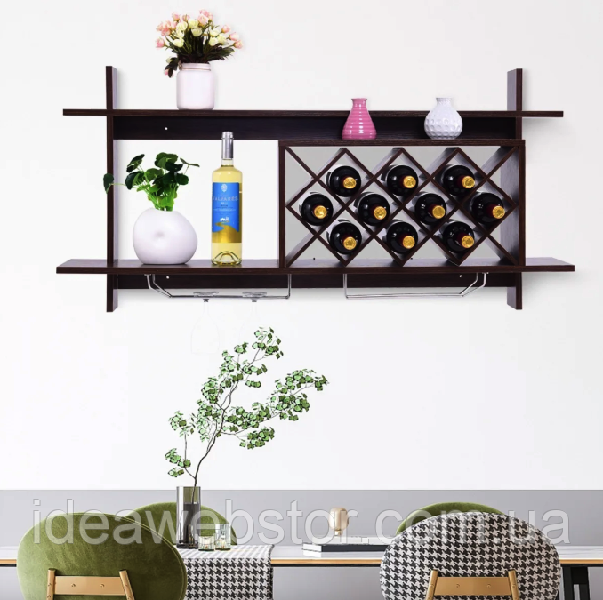 Настенная винная стойка Kasta Costway в стиле Loft для хранения 10 бутылок вина с держателями бокалов полка для вина на стену Киев - изображение 14