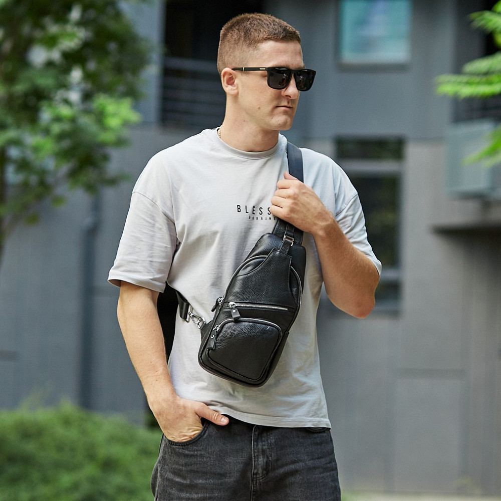 Мужская кожаная сумка-слинг 17х32х7, бананка для роботы и офиса TIDING BAG - MK-96303 черная Киев - изображение 3