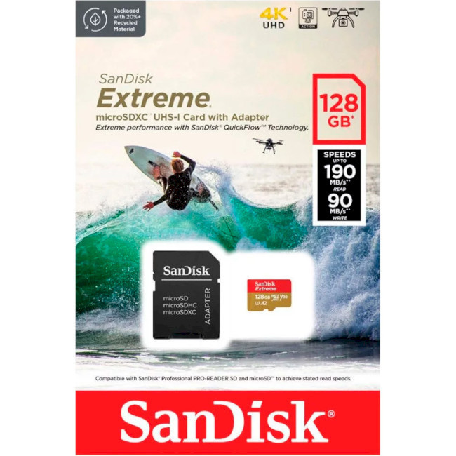 Карта пам'яті microSDXC (UHS-1 U3) SanDisk Extreme For Action Cams and Drones A2 128Gb class 10 V30 (R190MB/s,W90MB/s) (adapter) Київ - фото 2