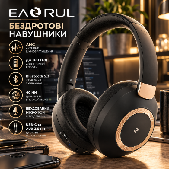 Бездротові навушники EAORUL 30H Bluetooth 5.3, ANC, до 100 год, 40 мм, мікрофон, USB-C, AUX 3,5 мм, чорні Київ