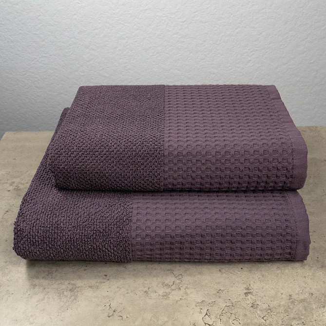 Комплект махровых полотенец Вафельный Бордюр 2шт GM Textile 50х90см, 70х140см 450г/м2 (Темный Виноград) Сумы - изображение 1