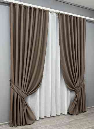 Комплект штор VR-Textil рогожка преміум TERRA LUXE 100х270 2шт і Тюль 300х270 1860ш-115т какао з білим 71-078/1 Київ