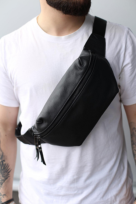 Бананка із натуральної шкіри, шкіряна сумка на пояс SKILL Taller (Чорна) Суми - фото 1