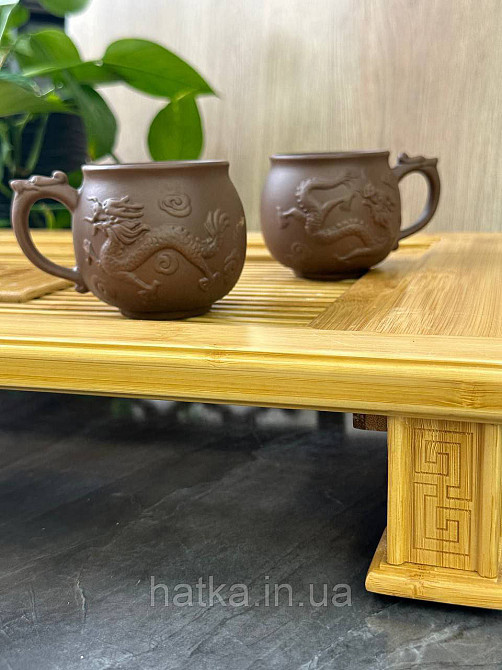 Набір кухлів 2 шт для чаю ісинська глина 200 мл "Лун-дракон" коричнева Київ - фото 2