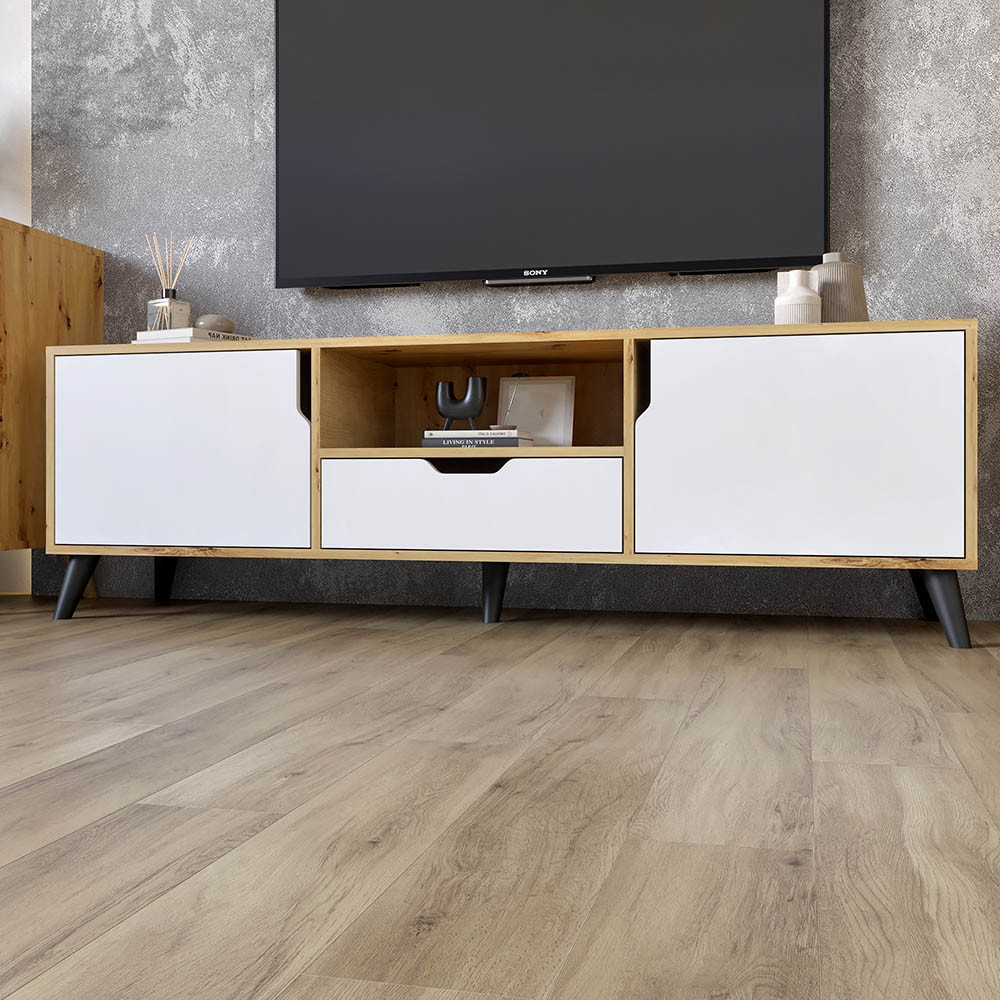 Тумба під телевізор з чорними ніжками М-ЗОН Борн 1600 Дуб Артизан/Німфея Альба (білий) (MZN-031080) Львів - фото 1