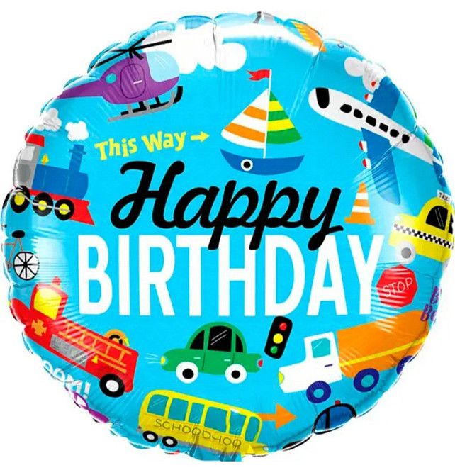 Фольгированный шар happy birthday транспорт 18
