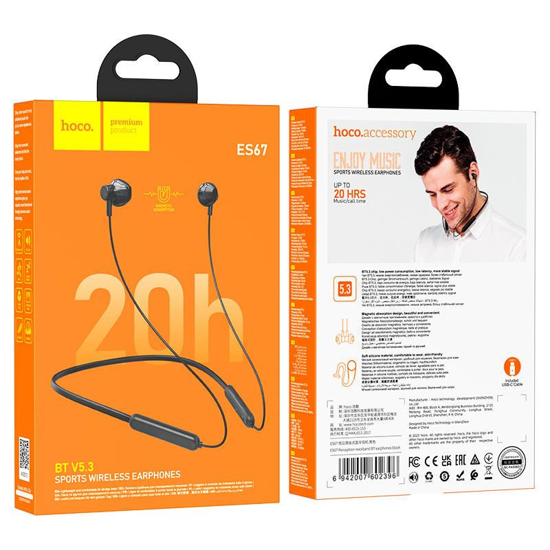 Бездротові спортивні навушники HOCO ES67 Perception neckband BT earphones Black Одеса - фото 2