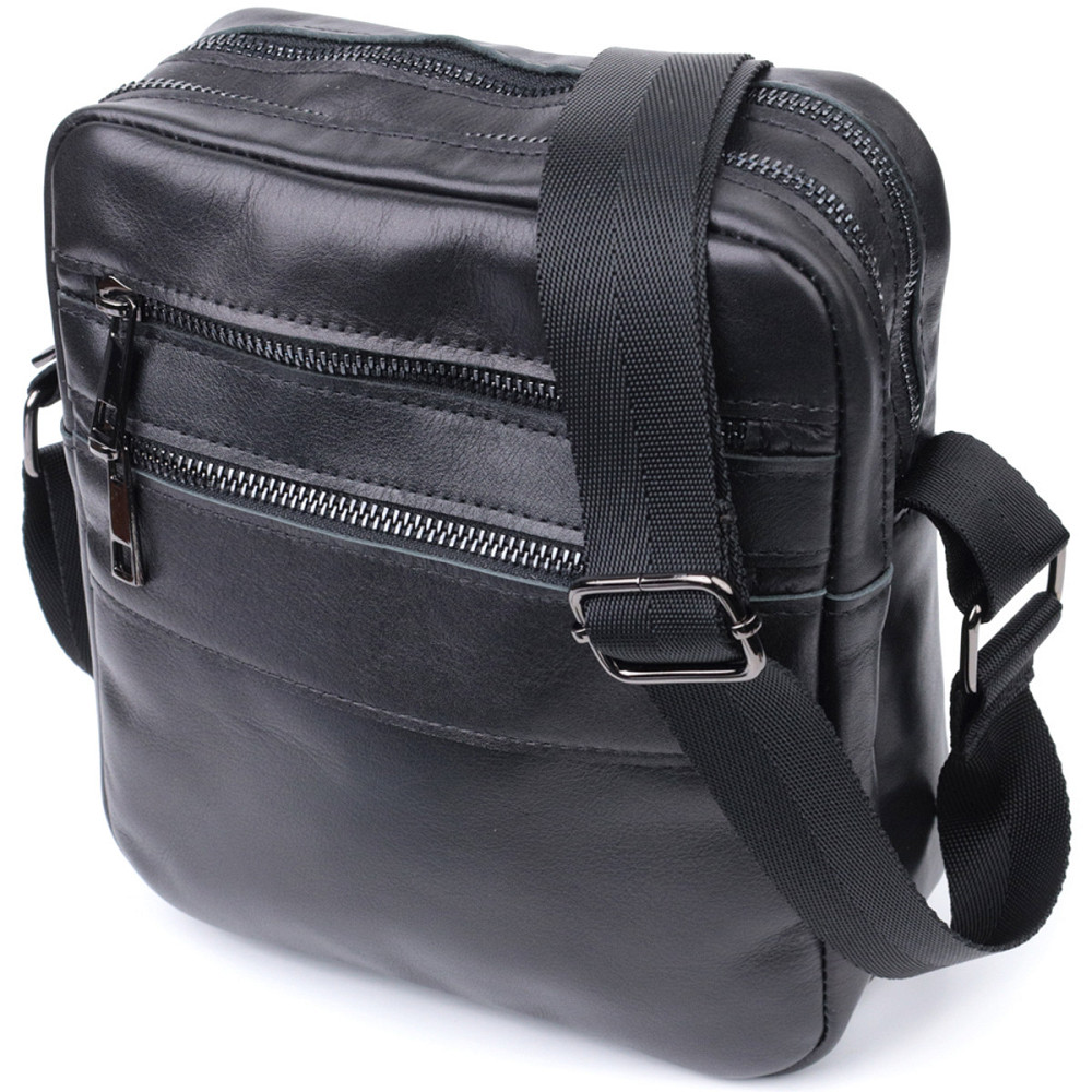 Класична чоловіча сумка месенджер із глянсової натуральної шкіри Shvigel 22846 Чорна Київ - фото 1