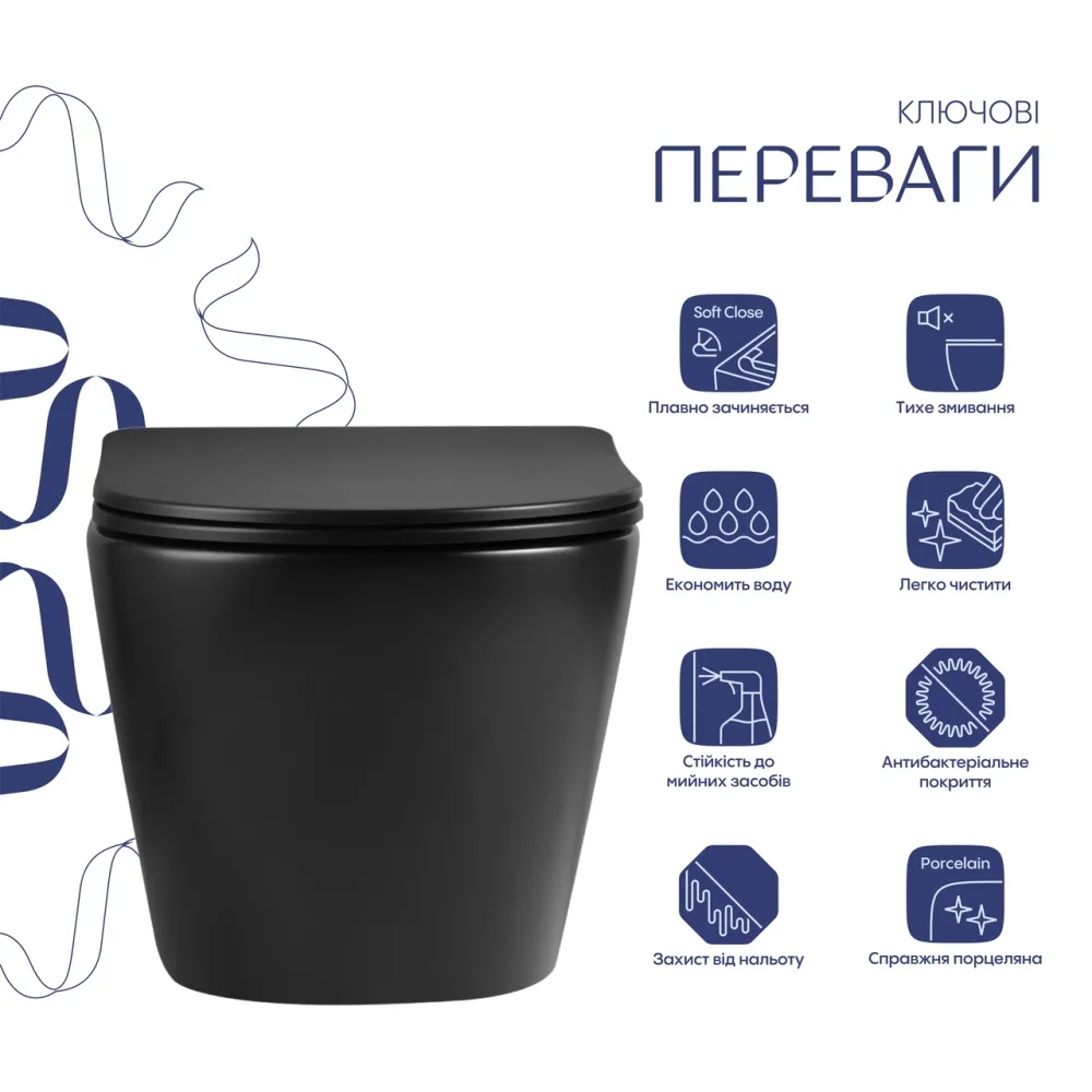 Унітаз підвісний Qtap Jay Ultra Quiet 485х360х320 мм, Matt Black, сидінням Slim Duroplast/ Soft-close/ Quick Relase QT07335177MB Київ - фото 17