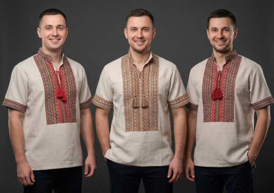 Чоловіча вишиванка в кольорі беж з орнаментом Нашивка тканина Київ