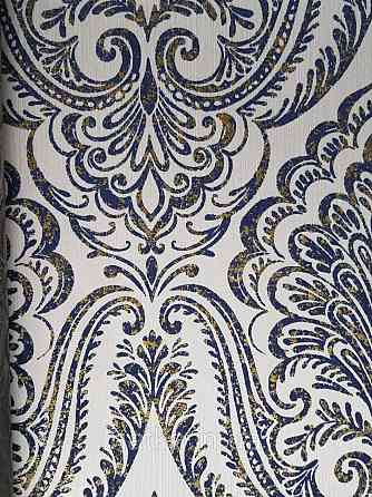 Шпалери текстильні еко 0.53х10.05 Rasch Textil Valentina класика вензелі дамаски сині з золотом на білому Київ