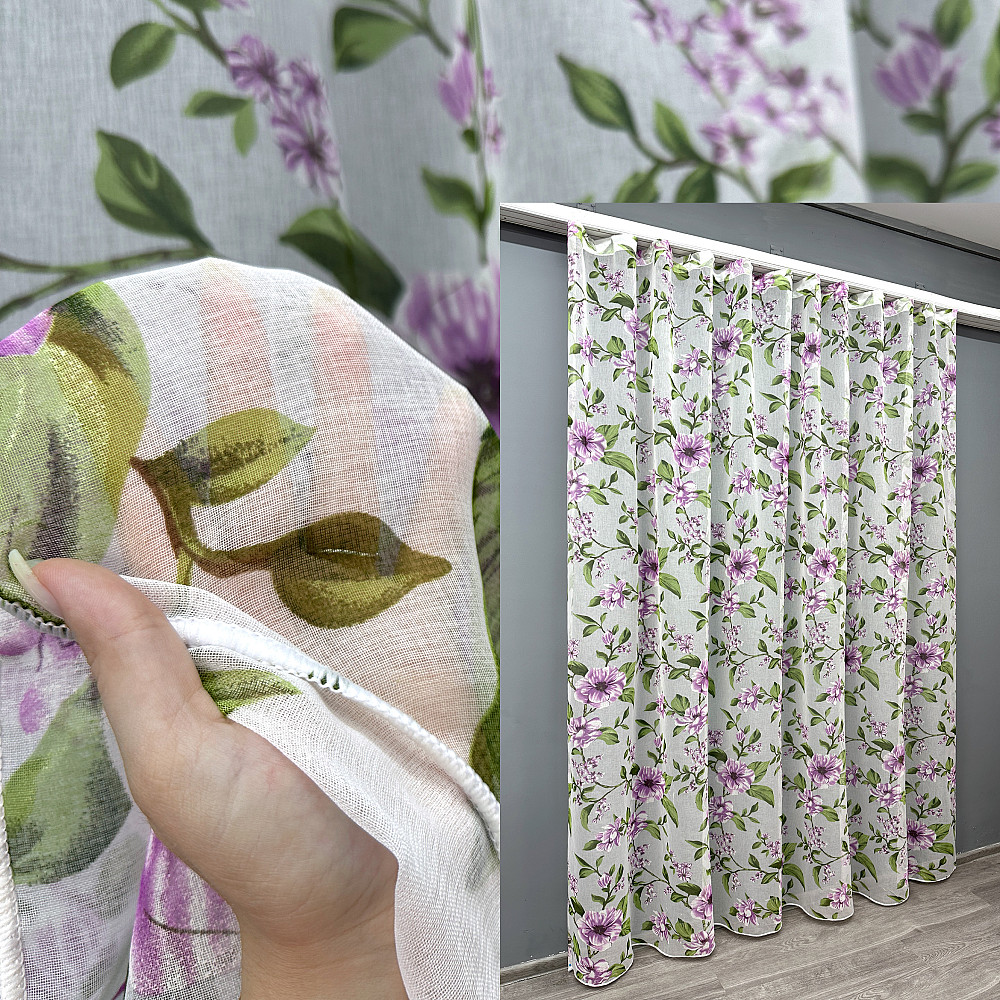 Тюль VR-Textil 1802т Flora Батист Білий з бузковий та зеленим 300х270 см (40-103) Київ - фото 1