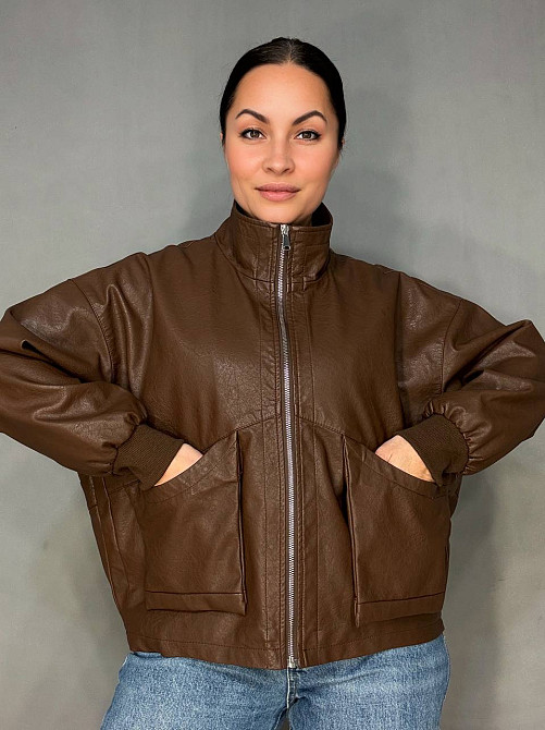 Куртка жіноча Buosc Hisae 80901 з екошкіри оверсайз бомбер коричнева, коричневий, XL Київ - фото 15