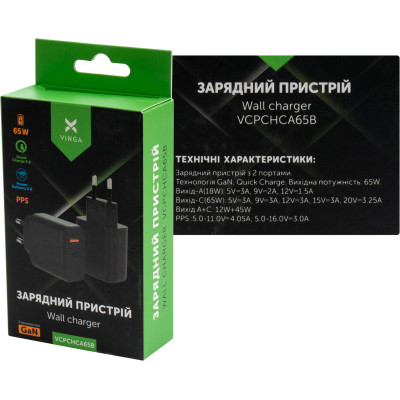 Зарядное устройство Vinga GaN 65W PD+QC 1C1A ports Wall Charger (VCPCHCA65B) Винница - изображение 5