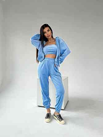 Жіночий плюшевий прогулянковий костюм-трійка: кофта топ і штани велюр плюш Блакитний, 42/44 Одеса