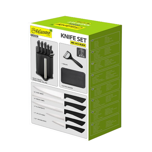 Набір ножів 8 предметів:(6шт + обробна дошка + підставка з тримачем паперових рушників) чорний MR-1413-BLACK Maestro Житомир