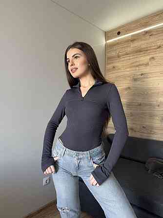 Женский утепленный базовый боди с молнией турецкий рубчик-мустанг на флисе Графит, 48 Одесса