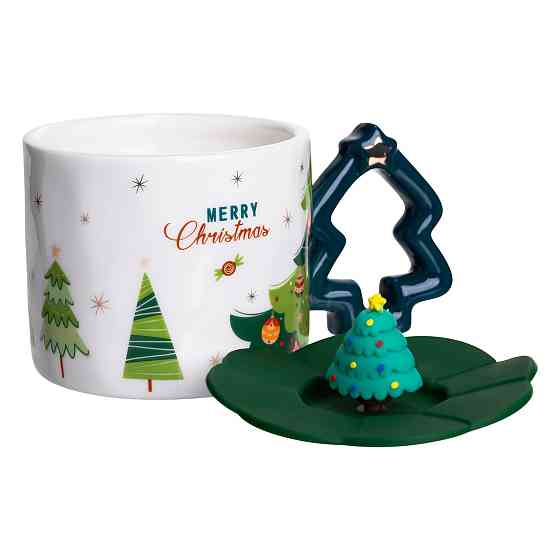 Yiwu Новорічна порцелянова чашка «Святкова ялинка» з кришкою 400 мл Yiwu FM-CS-18B Коломия