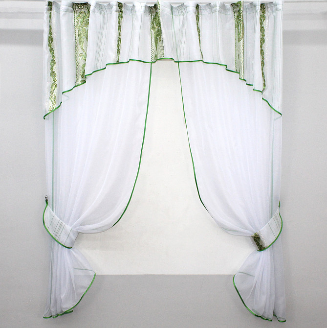 Кухонный комплект VR-Textil № 084к шторки с ламбрекеном белый с зеленым 280х170 см (59-785) Киев - изображение 1