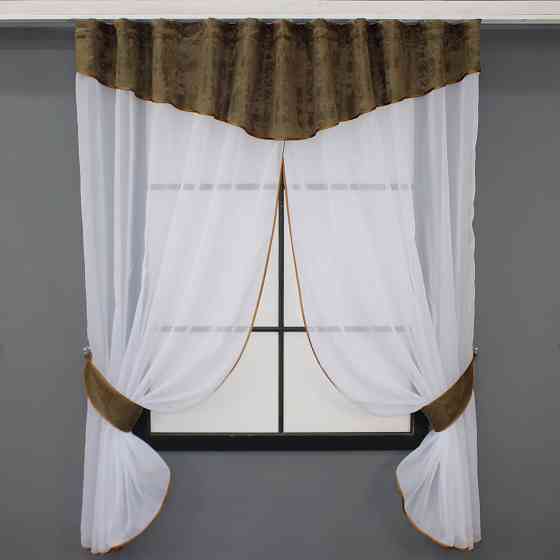 Кухонный комплект VR-Textil № 084к шторки с ламбрекеном белый с коричневым 270х170 см (52-0939) Киев