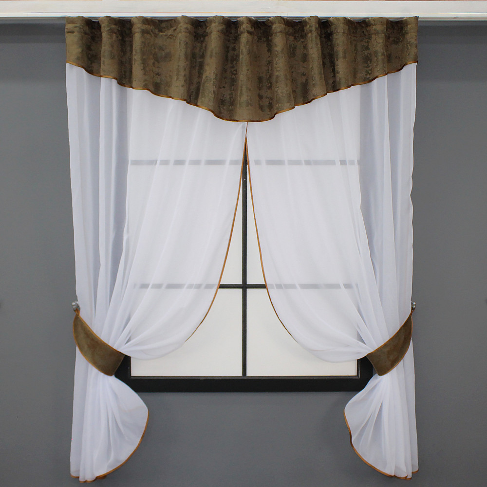 Кухонный комплект VR-Textil № 084к шторки с ламбрекеном белый с коричневым 270х170 см (52-0939) Киев - изображение 1