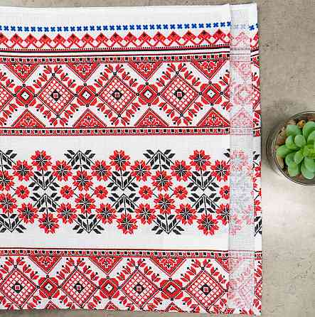 Рушник вафельний з принтом вишивки та червоними квітами GM Textile 35х61см 180г/м2 (Біло-червоний) Суми