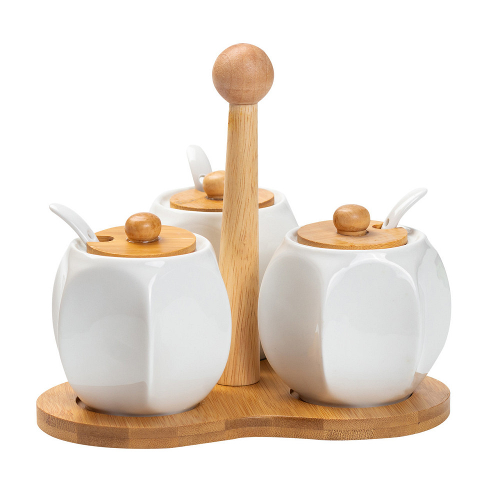 Набір банок для сипучих продуктів 3 шт по 200 мл, на бамбуковій підставці HP1201 Київ - фото 4