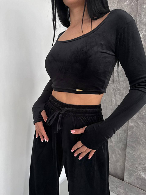 Женский прогулочный костюм двойка: лонгслив и штаны велюр Черный, 46/48 Одесса - изображение 8