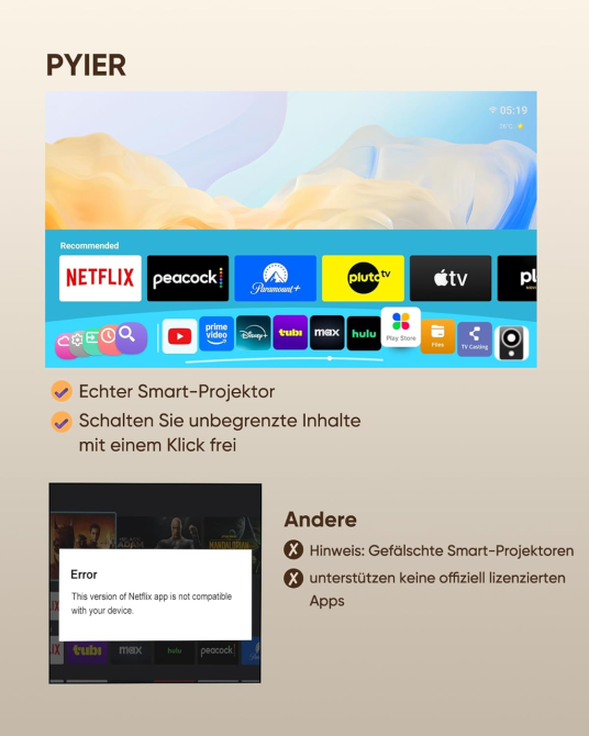 Смарт-проектор PYIER 4K Full HD WiFi 6 Bluetooth: портативний міні-кінотеатр, Netflix, автокорекція, поворот 270°, Android TV Київ - фото 5