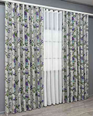 Комплект штор VR-Textil Лен Прованс 100х270 2шт и Тюль 400х270 2084ш-115т Светло-серый с фиолетовым и белым 71-219/2 Киев