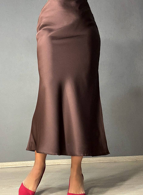 Спідниця жіноча Gritana 230 атласна королівський шовк з розрізом на резинці коричнева, коричневий, L Київ - фото 15