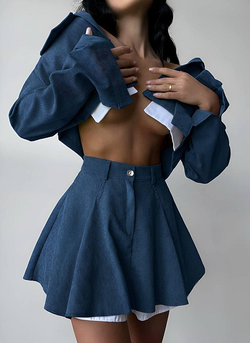 Женский стильный костюм двойка: пиджак и юбка микровельвет. Джинс, 46/48 Одесса - изображение 5