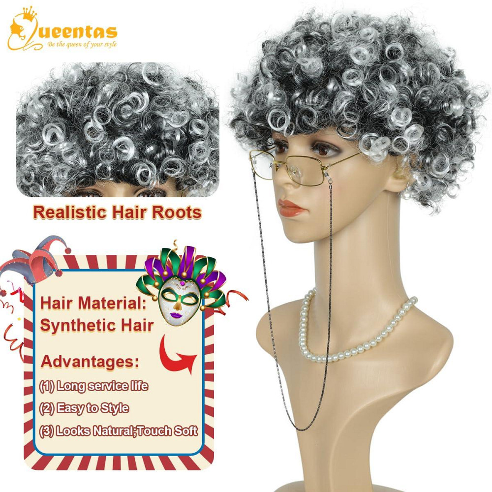 Перука сива бабуся кучерява, термостійка, набір комплект для косплею, свят, Геловіну, корпоратив, вистав Київ - фото 5