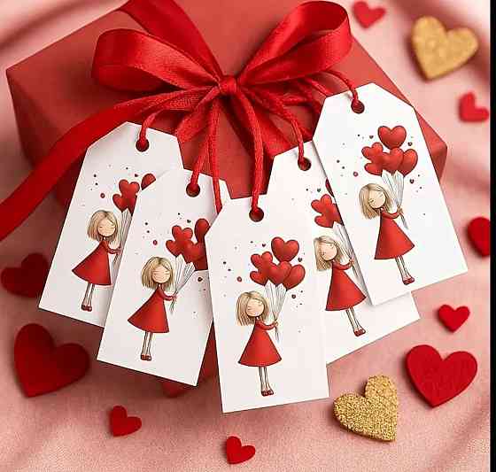Бирки ко Дню влюблённых с девочкой и сердечками, 12 шт Киев
