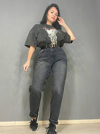 Джинсы женские SESSANTA 16482 MOM jeans высокая посадка стрейчевые с ремнем темно серые, темно-серый Одесса - изображение 6