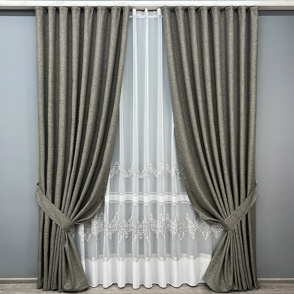 Комплект штор VR-Textil Лен ALORA-TON 150х270 2шт и Тюль 500х270 1871ш-1708т Серый с белым 71-203/4 Киев - изображение 1