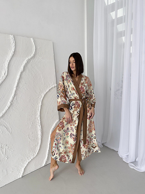 Жіночий халат віскоза домашній кімоно довгий COSY Boho Chic на запах у подарунковій упаковці карамель Одеса - фото 5