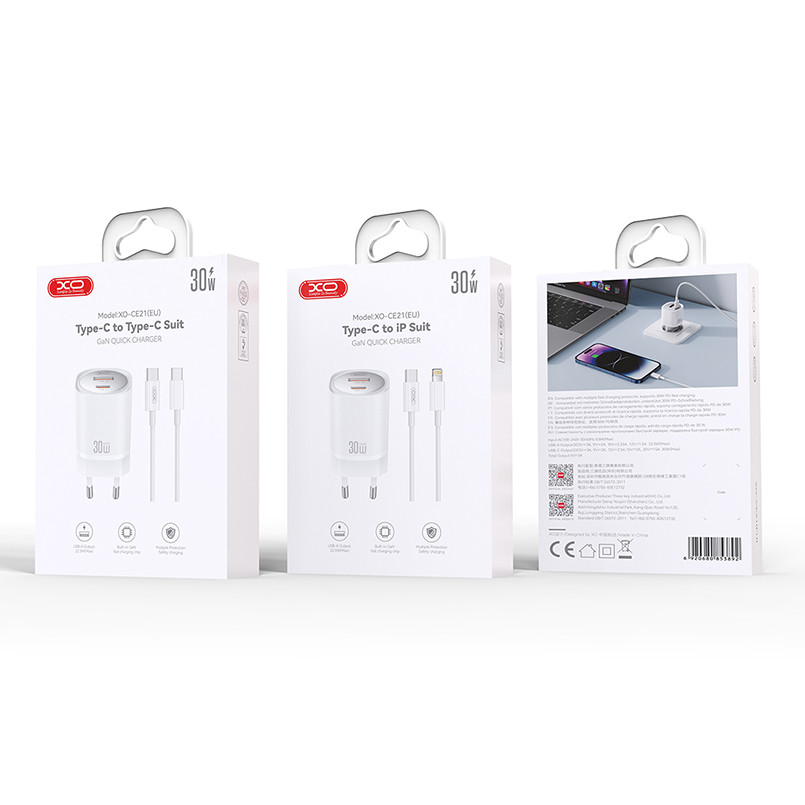 Мережевий зарядний пристрій XO CE21 PD30W/PPS33W 1USB-A+1USB-C + Lightning кабель білий Львів - фото 5