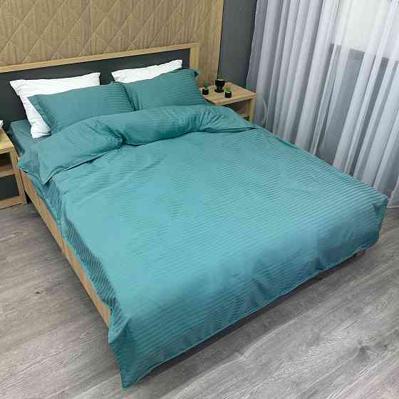 Комплект постільної білизни Страйп-сатин Двоспальний 180х220 з простирадлом на резинці Лазурний (88-187) Київ