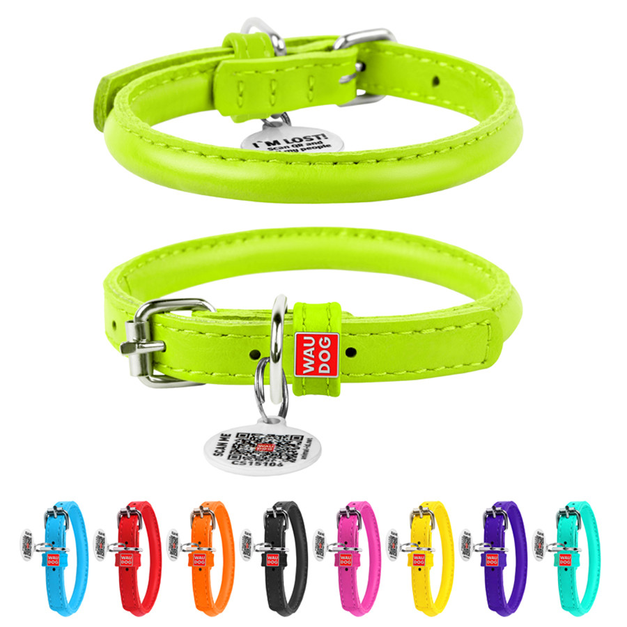Нашийник для собак шкіряний WAUDOG Glamour з QR паспортом, круглий, Д 8 мм, Дов 20-25 см салато Коломия - фото 1