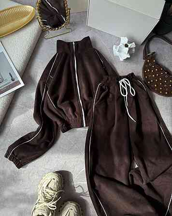 Теплий жіночий прогулянковий костюм із кантом двосторонній фліс. Шоколад Одеса