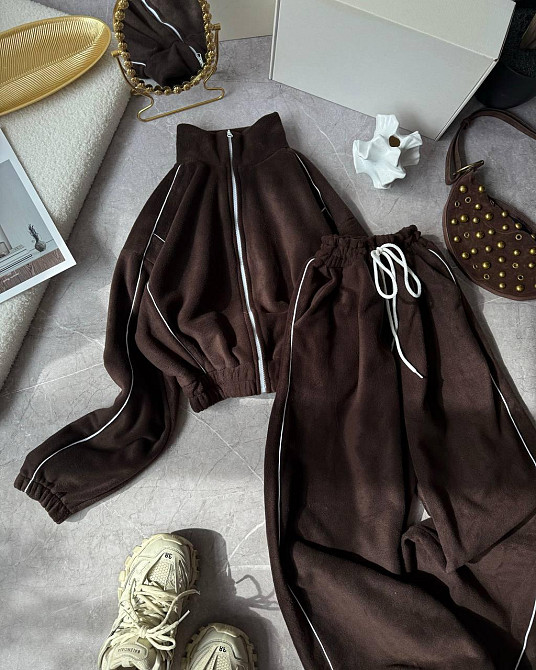 Теплий жіночий прогулянковий костюм із кантом двосторонній фліс. Шоколад Одеса - фото 4