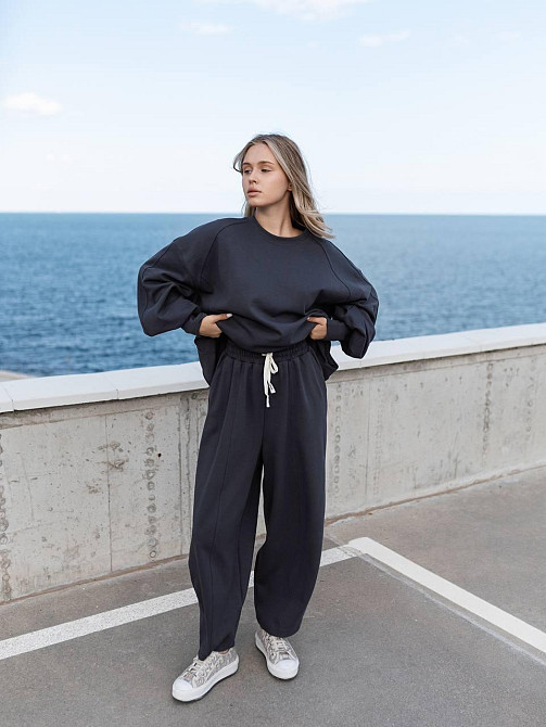 Жіночий костюм оверсайз: об'ємна кофта з трендовими штанами бананами турецький дабл фейс 100% бавовна Графіт Одеса - фото 8