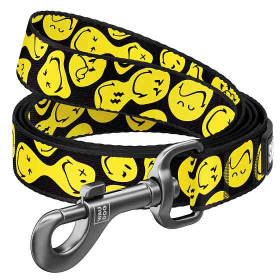 Повідець для собак нейлоновий WAUDOG Nylon, малюнок "Смайли на чорному", L-XXL, Ш 25 мм, Дов 12 Коломыя
