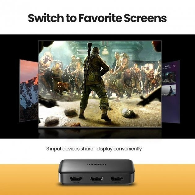 Перемикач HDMI на 3 виходи спліттер Ugreen з пультом ДК 4K 3D Full HD 80125 (Чорний) Николаев - изображение 4