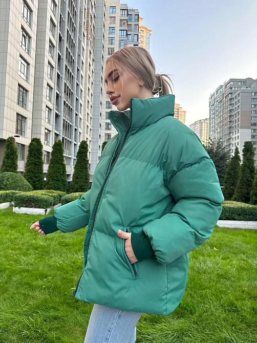Зеленая теплая зимняя куртка пуховик с большими секциями и высоким воротником стойкой (пуффер), 42-46 Лубны - изображение 6